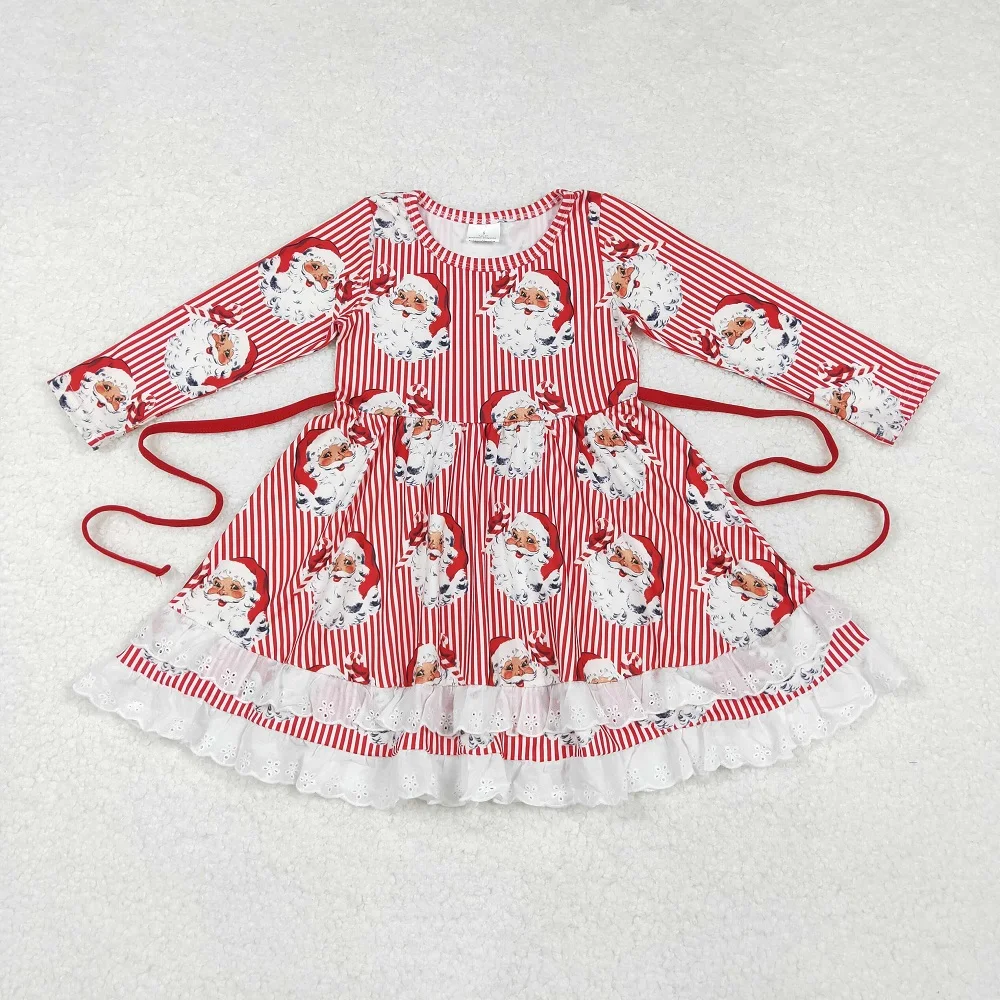 Popular Baby Girls Santa Claus Red Striped Lace Long Sleeve Dress Wholesale Boutique Children Clothes RTS Skirt