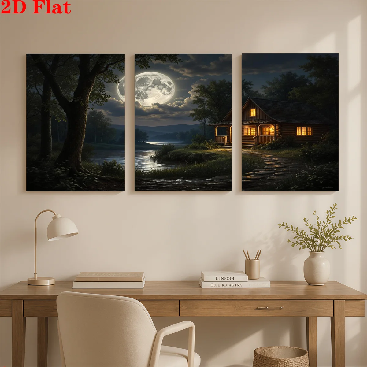 Frameless canvas 2D 3pcs Canvas Art Wall Hanging- A moonlit cabin by water. Suitable for Decorating Offices, Dining Rooms, Li