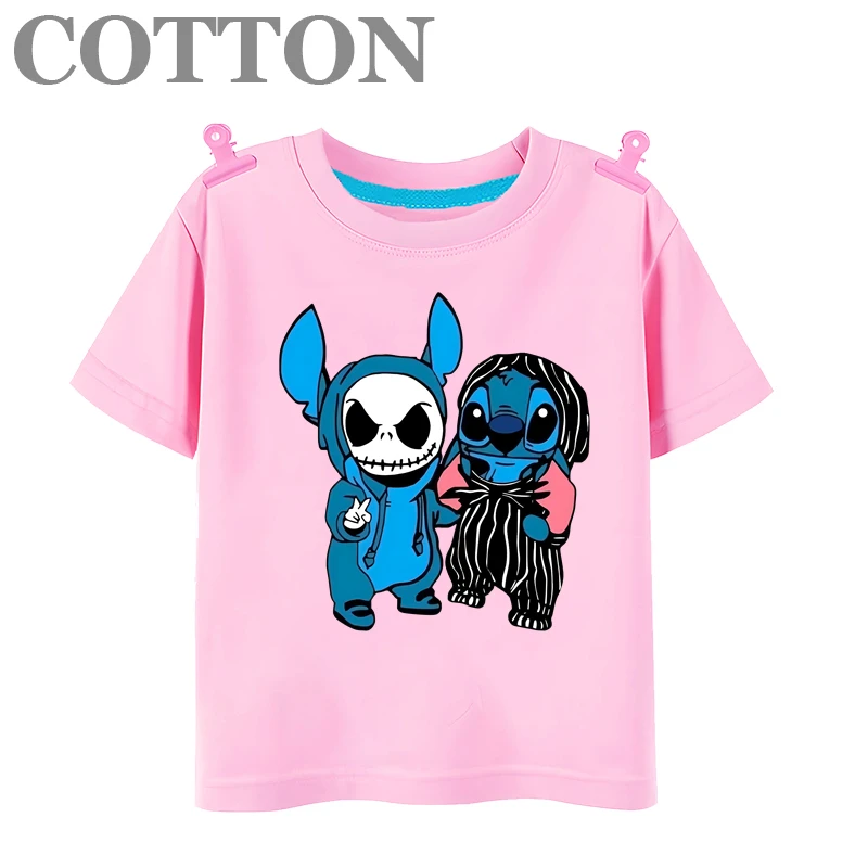 Disney Stitch and Friends Anime Summer Fashion Cotton Children\'s T-shirt Multiple Round Neck Short Sleeve Print Patterns