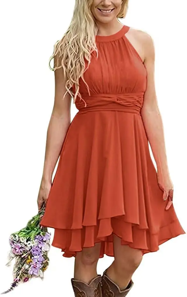 

Короткие шифоновые платья подружки невесты 2025 года, вечерние платья длиной до колена в стиле вестерн для деревенского свадебного платья для гостей, вечерние платья