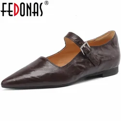 Fednas New Arrival spiczaste noski Retro damskie buty na płaskim obcasie wiosna lato z prawdziwej skóry pasek z klamrą w stylu Basic Casual buty robocze kobiety