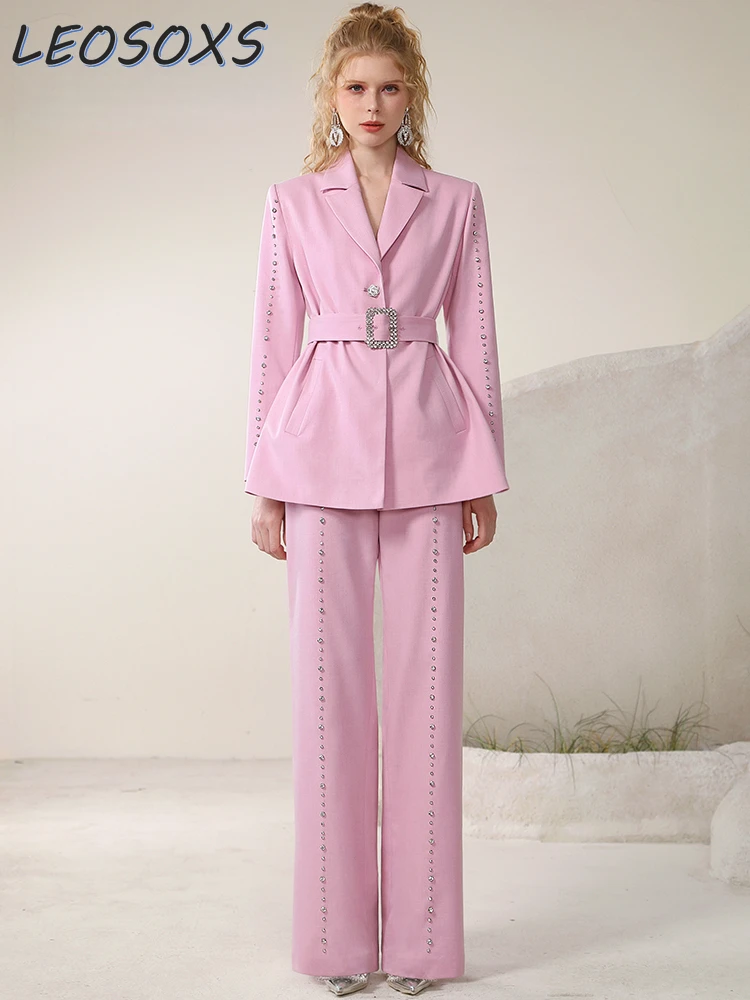 2023 Autumn and Winter Temperament Embroidered Flares Suits Jacket Straight-Leg Trousers Pink Business Suit Two Piece Pants Set