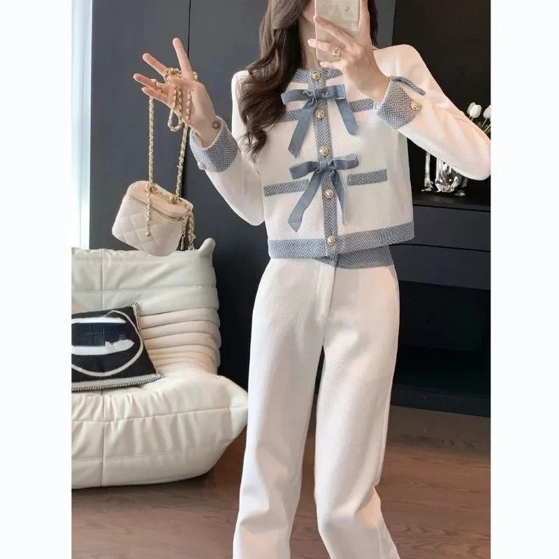 Spring TracksuitsTwo Piece Sets Womens Outifits Long Sleeve Coat Jacket + Wide Leg Pants Suit Vintage Office Lady Outwear Outfit