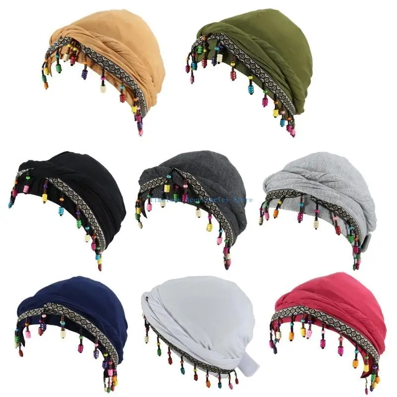 97QE Vintage Twisted Tail Braid Hat Adult Beaded Trimmed Skull Hat Outdoor Sport Headscarf Turban Hat Women Casual Headwear