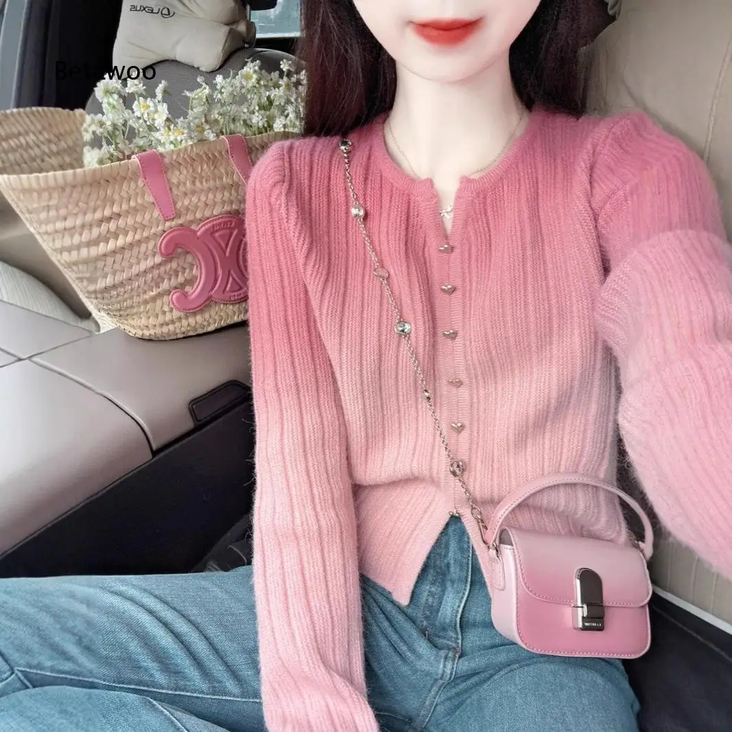 Round Neck Gradient Color Knit Cardigan For Women Long Sleeve Slim Fit Heart Buttons Soft Knit Outer Top For Everyday Wear