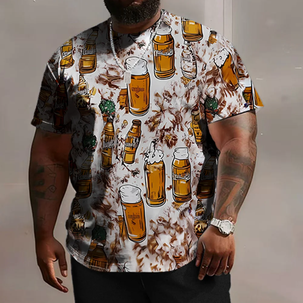طقم S-9xl مقاس كبير للرجال بأكمام قصيرة: Beer-Vibe Chic - قطعتين كبيرة وطويلة، قماش ناعم، مطبوعات كوب بيرة أنيقة
