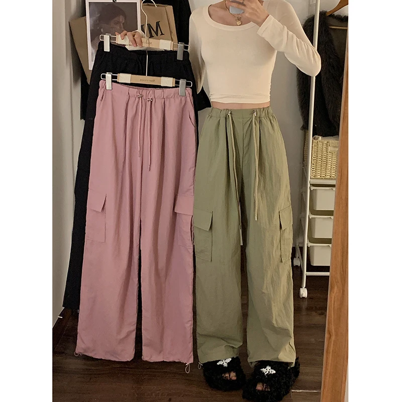 

Plus Sized Elastic Waist Women Cargo Pants Autumn Casual Drawstring Wide Leg Straight Trousers Solid Female Pants Streetwear