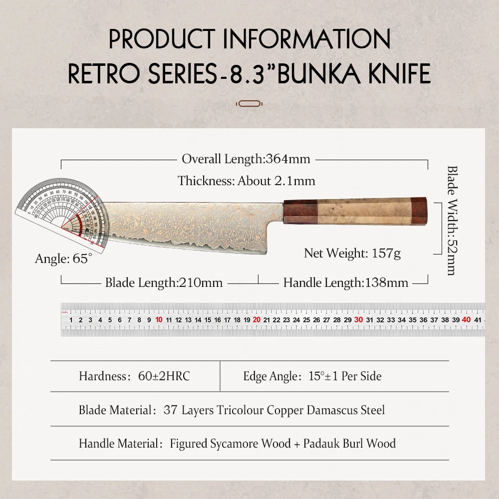 HEZHEN 8.3 inch Bunka Custom 37-Layer Tri-color Copper Damascus Steel Knife Chef Knives Meat Cleaver  Kitchen Knife
