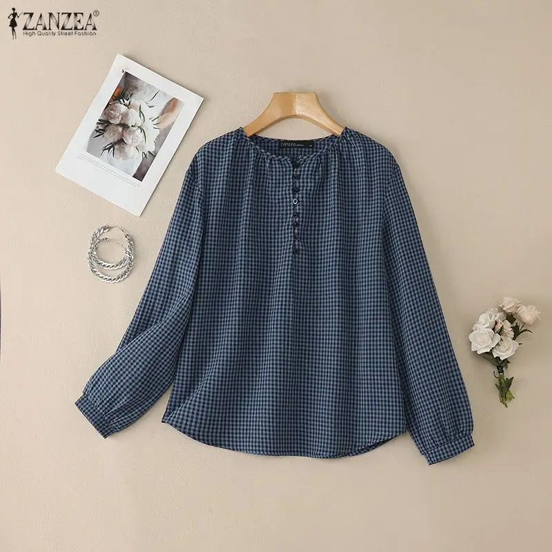 여성 캐주얼 데일리 깅엄 블라우스 주름진 O넥 반단추 긴팔 체크 탑 봄 여름 ZANZEA 여성 의류