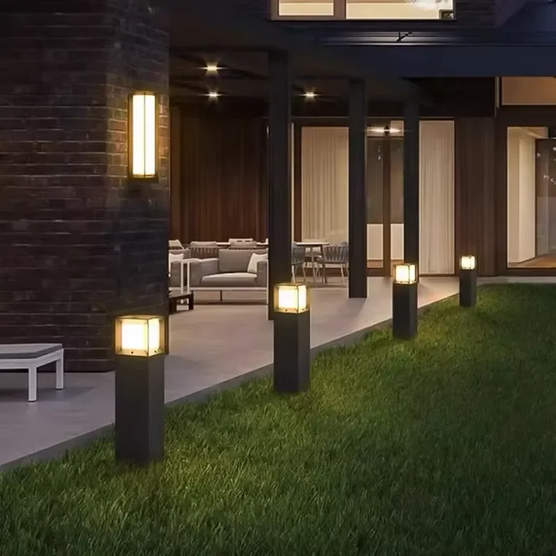 Modern Simple Square Outdoor Waterproof IP65 Light Emitting Diode Aluminum Post Light with Light Sensor for Garden Access