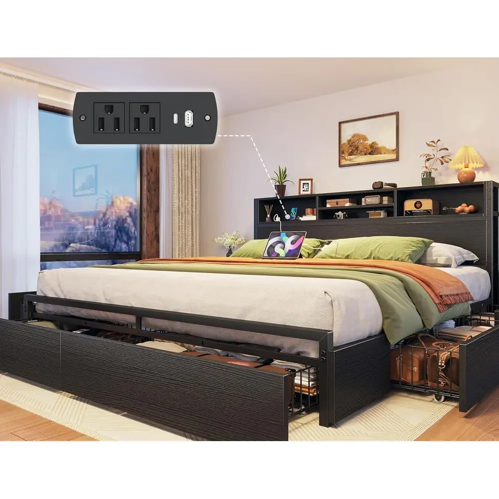 King Size Bed Frame with 6 Storage Drawers, Headboard, Charging Station, Noise-Free, No Box Spring Needed, Black