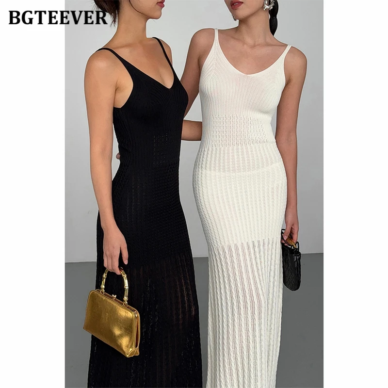 BGTEEVER Stylish V-neck Female Skinny Knitted Bodycon Dress Summer Fashion Women Sleeveless Package Hip Dress Ladies Vestidos