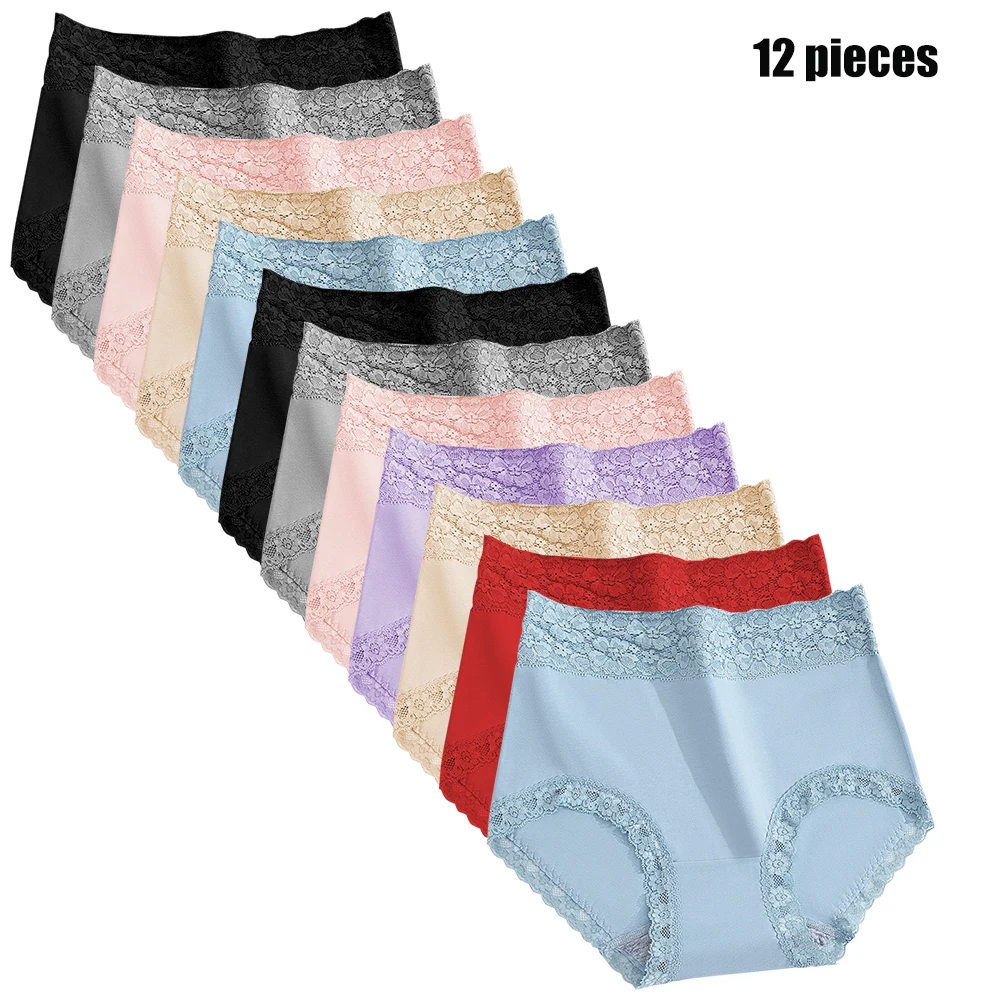 12PCS High quality Cotton Panties Women's Underwear High waist  Lace Resilient Soft  Briefs Abdomen In Slimming lingerie