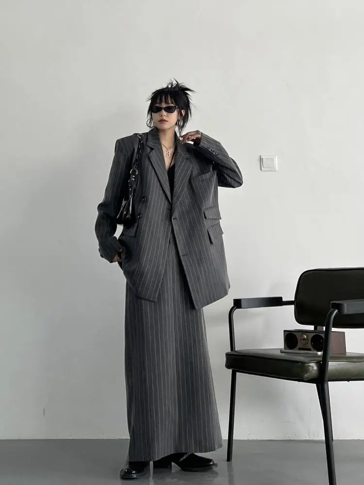 

Autumn Winter Loose Gray Striped Skirt Suit Women Vintage Long Sleeve Blazer Jackets And High Waist Pockets Split Long Skirt Set