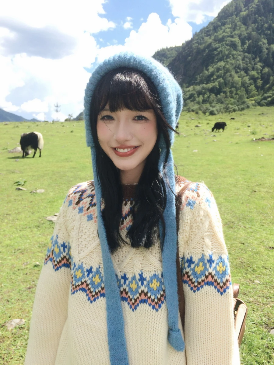108cmBust Fall Winter Pullovers Sweaters Women Vintage Elegant Fair Isle Sweater Lazy Loose Icelandic Wool Knitted Sweaters Coat