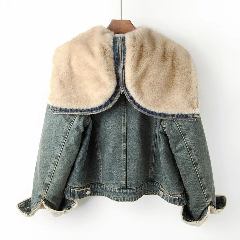 Faux Nerz Kaschmir Zipper Mit Kapuze Denim Jacke Frauen Vintage Cowboy Oberbekleidung Winter Dicke Lose Kurze Jeans Jacke Mantel Weibliche
