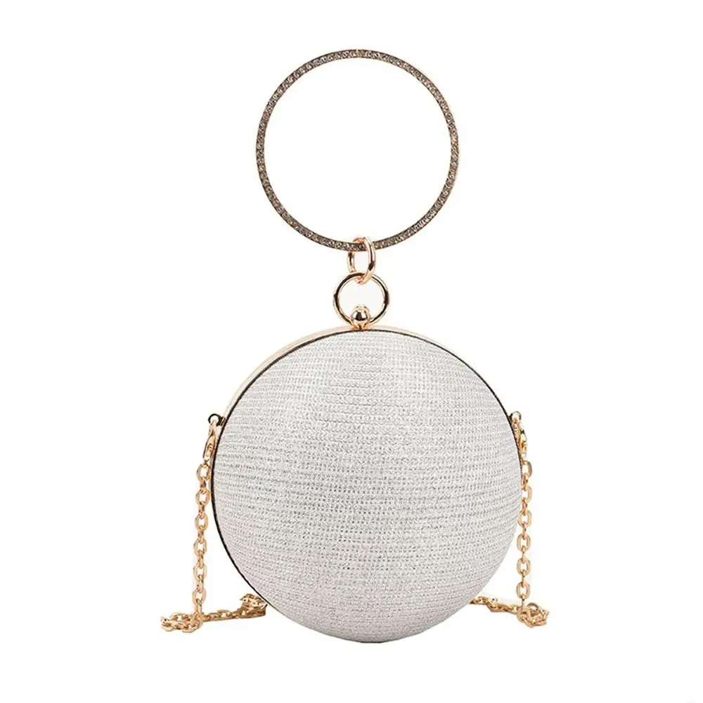 Fashion Women Elegant Bag Gold Bright Silk Circular Evening Bag Banquet Clutch Rhinestone Decorative Shoulder Bags Handbags