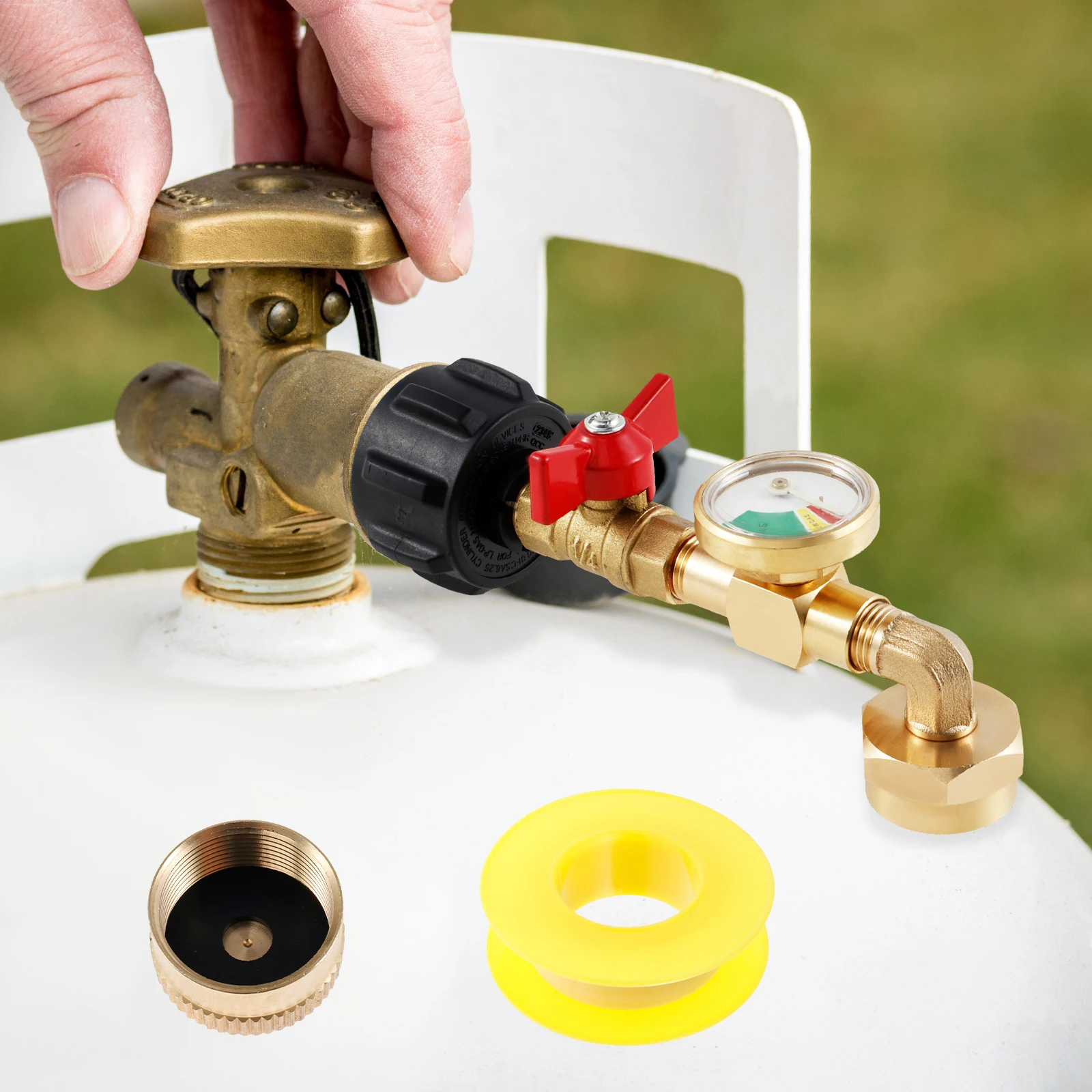 Propane Refill Adapter Solid Brass 90 Degree QCC1 Propane Tank Refill Adapter with Luminous Pressure Gauge Ball Valve