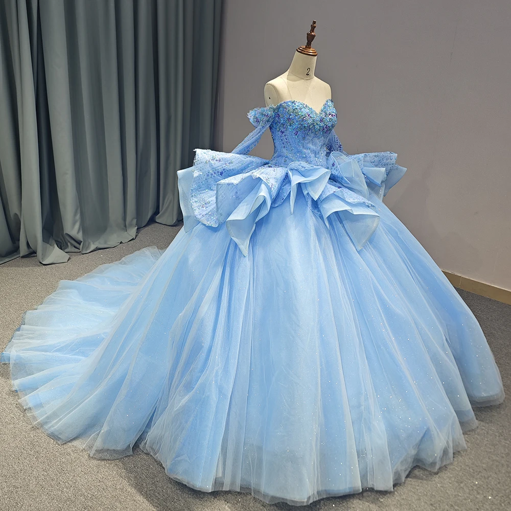 Блестящее голубое платье для Quinceanera, бальное платье с бисером, тюлевый корсет, милое платье для 16, 15 лет, платье с длинным рукавом, Vestido De 15 quinceañera