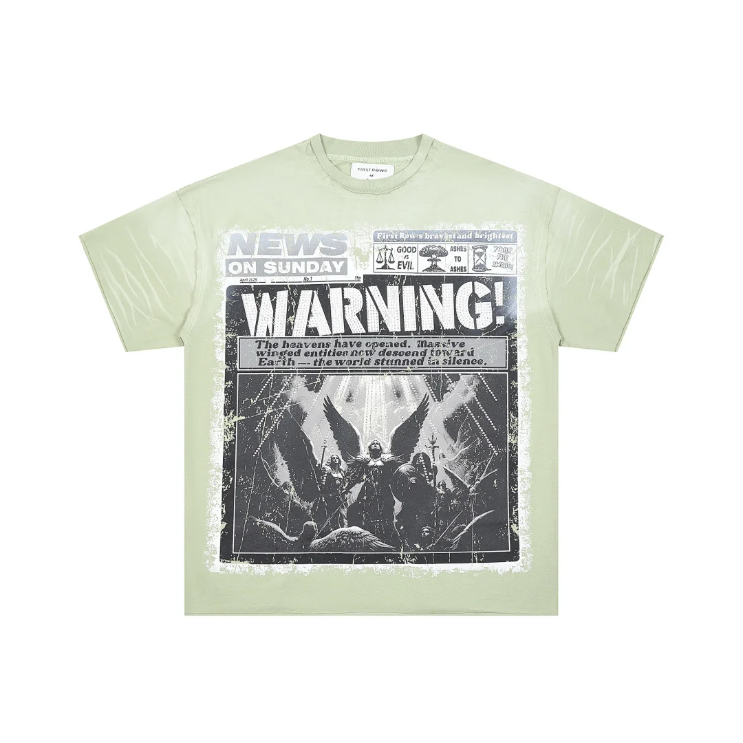 Oversized Vintage Green Tee FIRST ROW Warning Angel Newspaper Print T-shirt Retro Streetwear Loose Crew Neck Casual Shirts Men