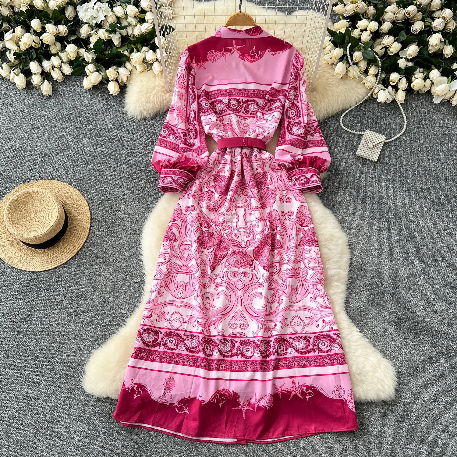 Chic Korean Fashion Print Turn-down Collar Long Lantern Sleeve Single Breasted Slim Dress Vintage Women Evening Autumn Clothing