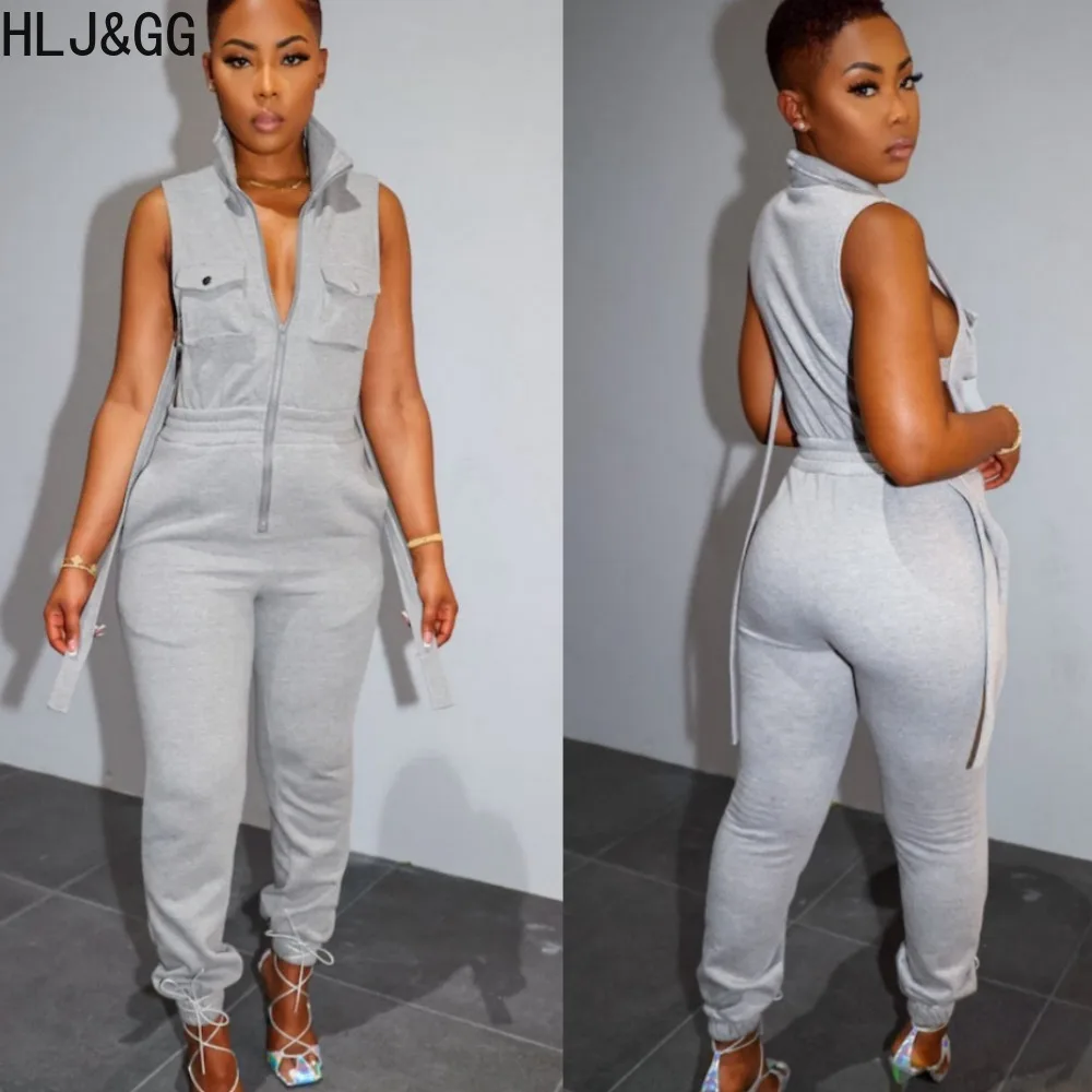 

HLJ&GG Spring New Solid Side Hollow Out Jumpsuits Women Turndown Collar Zipper Drawstring Cargo Pants Playsuits Female Overalls