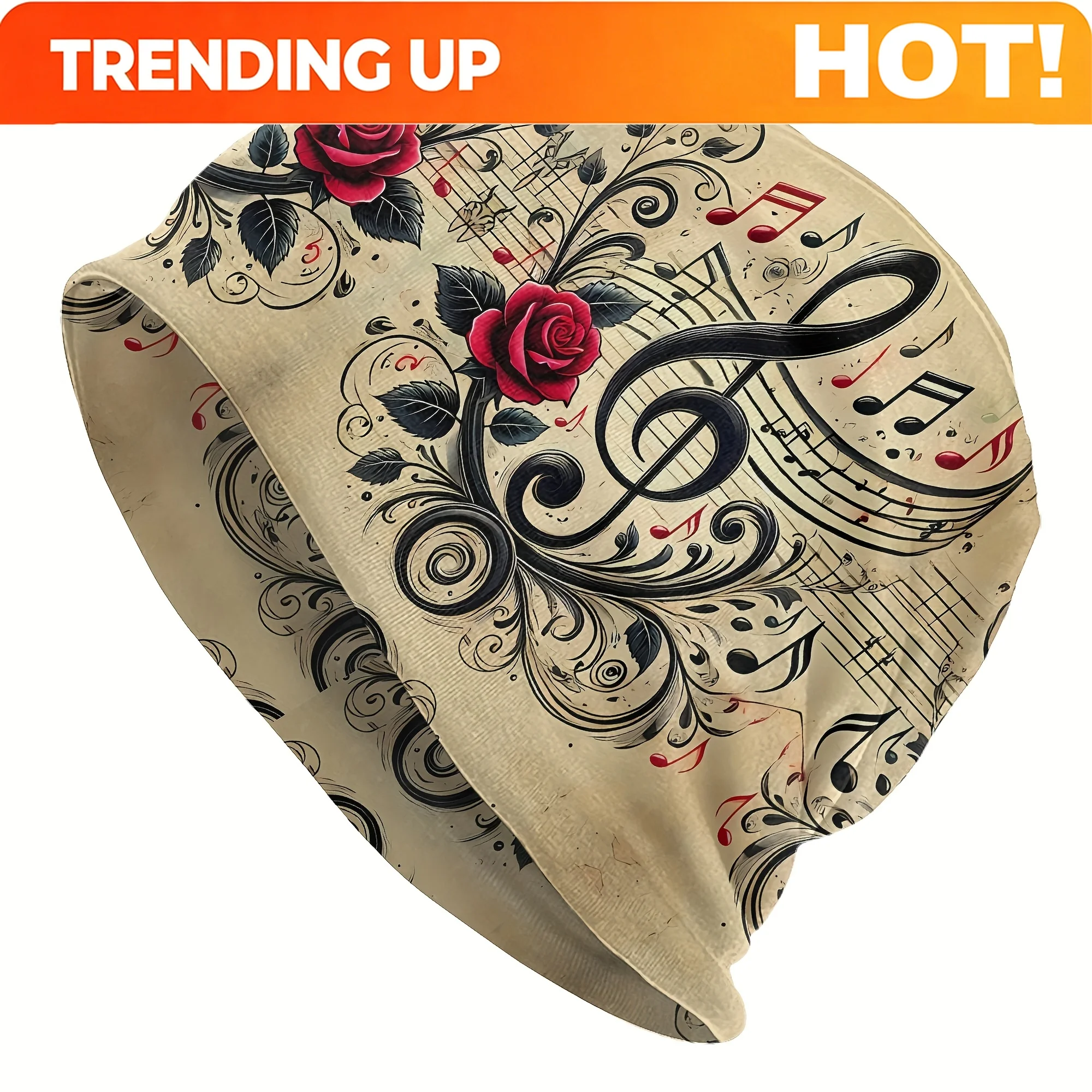 Customization Rose Note Beanie Hat - Elastic Stretch Fit Suitable For Valentine' Day Gift, Rose & Music Note Print, For Storage,