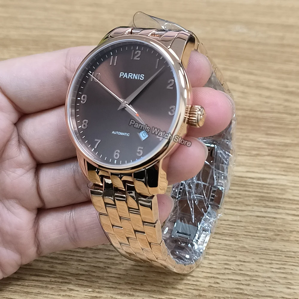 Parnis 38 mm automatico color oro rosa orologio casual da uomo in vetro zaffiro indicatore della data