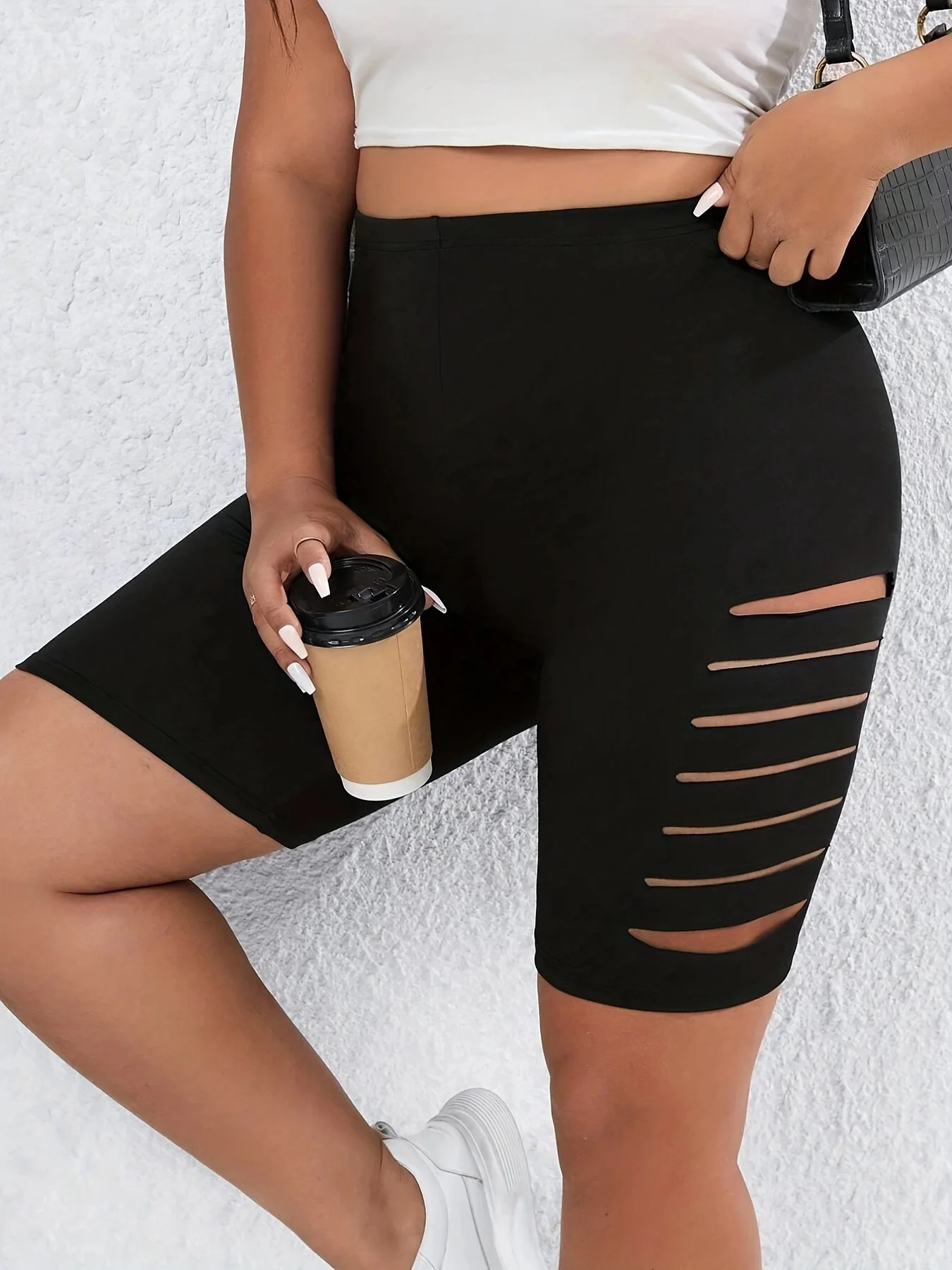 

Summer Sexy Solid Color Five Quarter Pants Black High-waisted Plus Size Shorts Fashion Trend Side Holes All Match Shorts Women