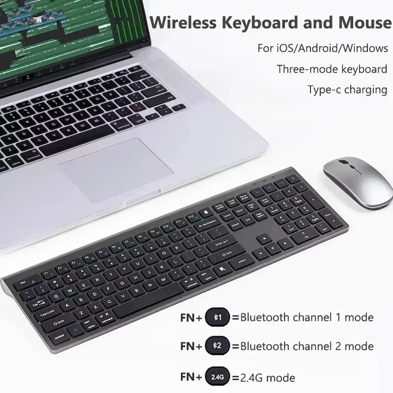 

Bluetooth 5.0 & 2.4G Wireless Mouse and Keyboard Set Silent Three-Mode Keyboard Type-C Charging Mouse for iPad Laptop PC TV