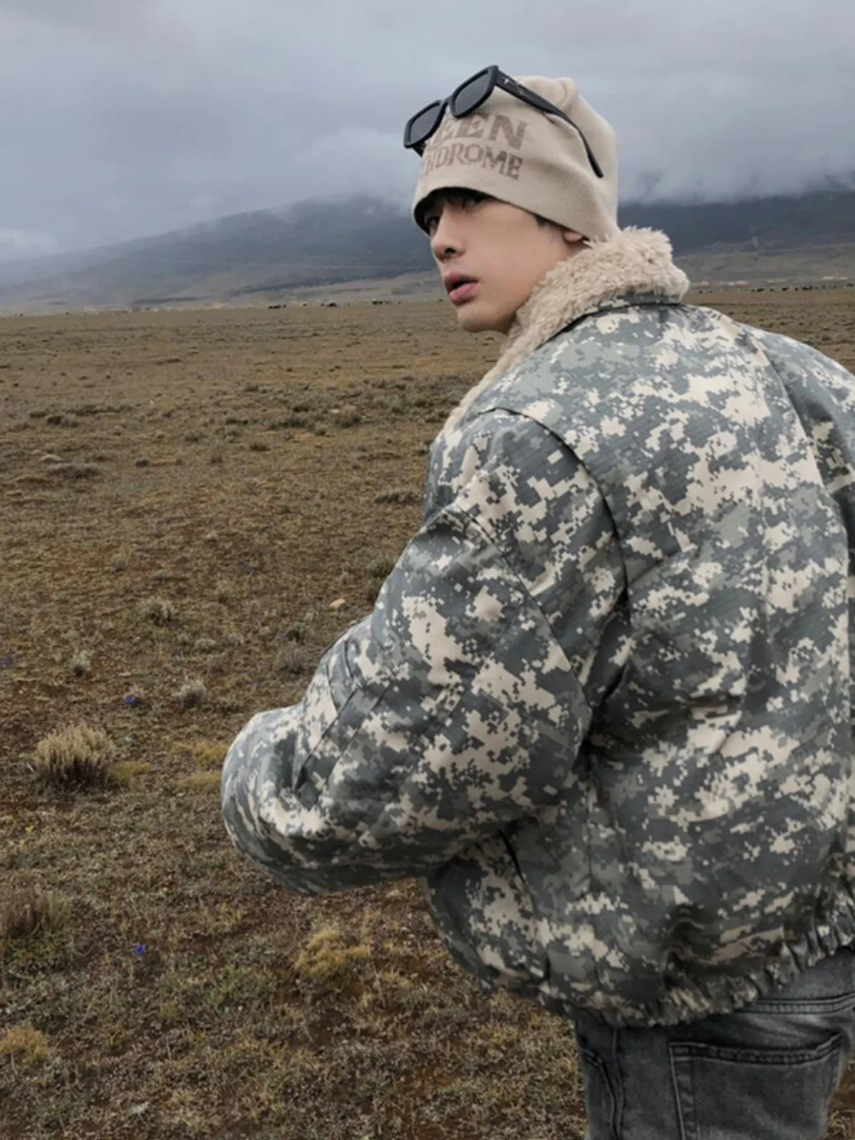 

Lamb Fur Collar Camouflage Cotton Jaet Men's Winter Bomber Sle Thiened Warm American Sle Cotton Coat Outerwear