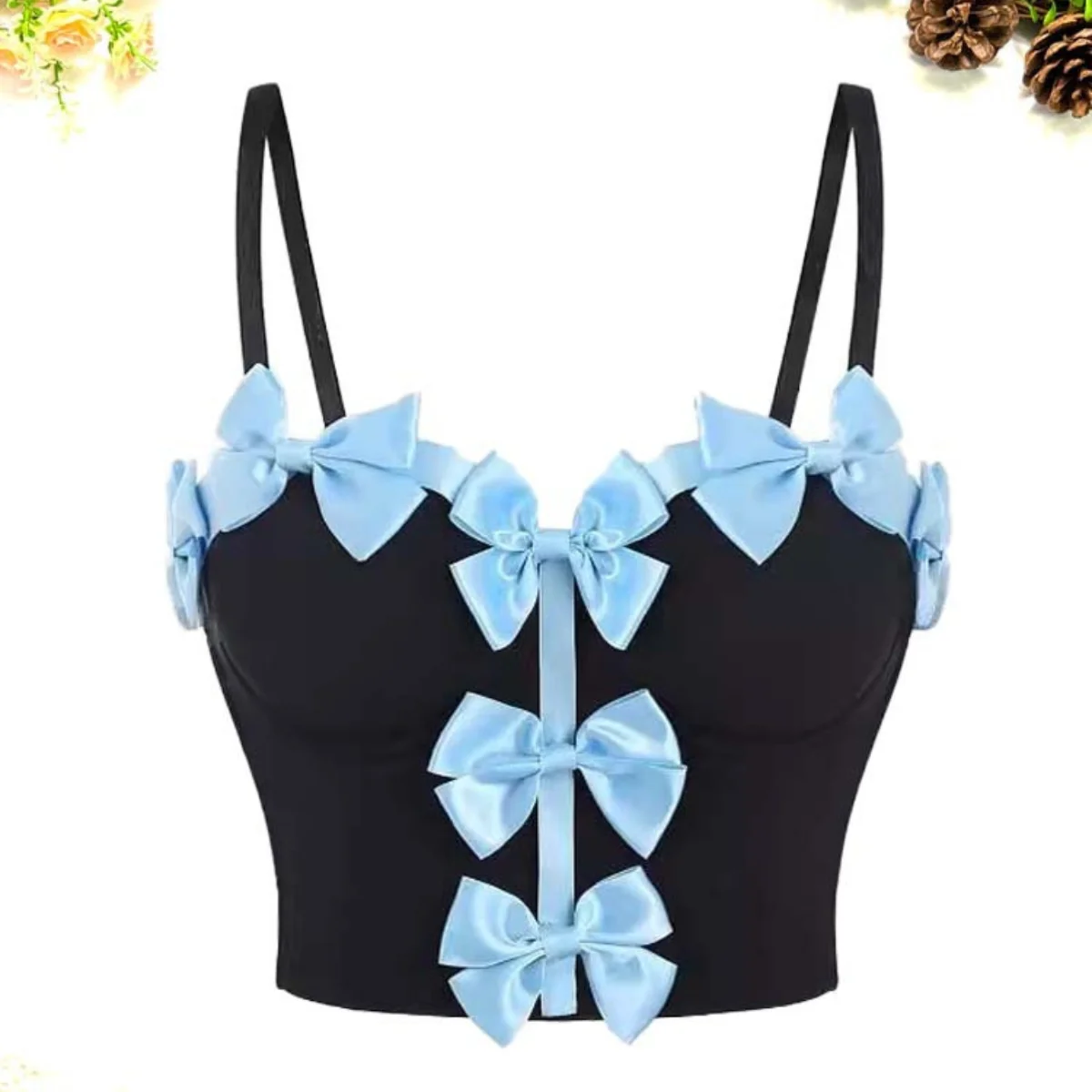 

Cute Sweet Bow Corset Tops Women Light Blue Bones Outside Wear Overbust Corsets Push Up Bra Bodysuit Body Shaper Sexy Shapewear