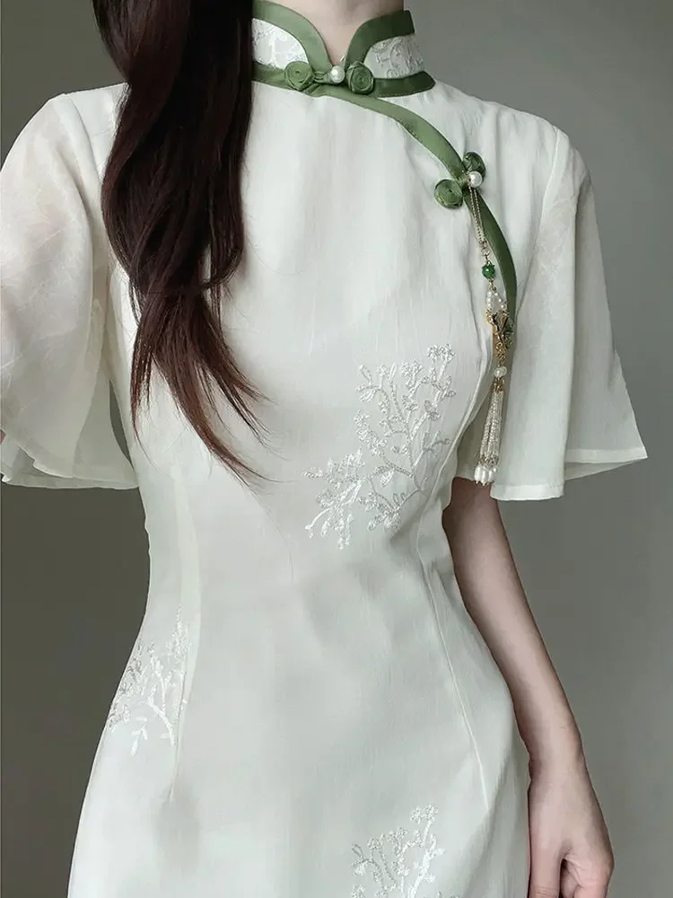 

Лето 2024, шифоновое платье Cheongsam, новое элегантное винтажное платье Ципао с вышивкой и короткими рукавами, тонкие женские костюмы Ципао от S до XXL