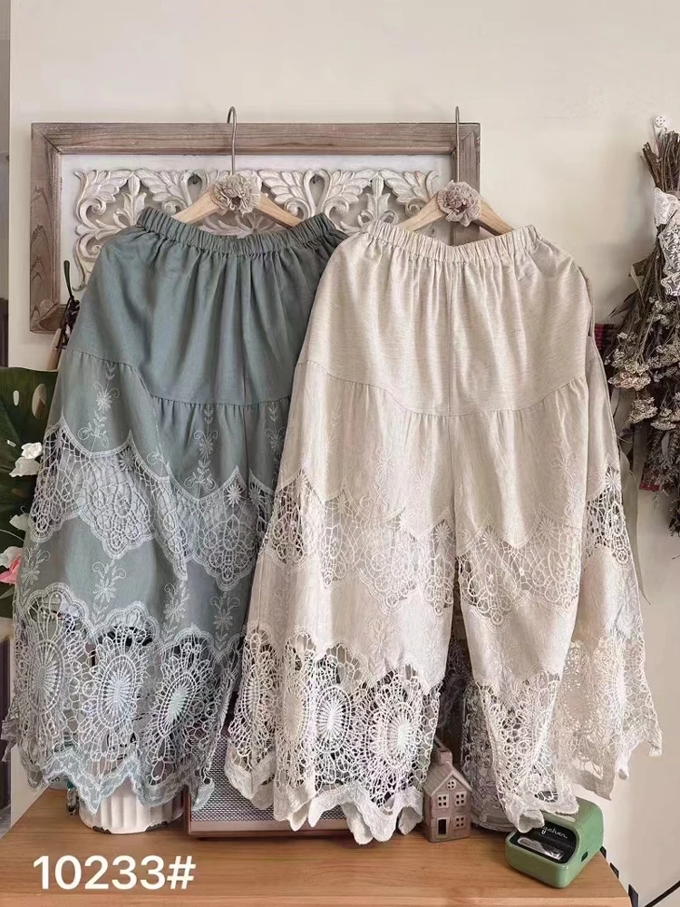 

Sweet Lace Hollow Embroidery Soluble Hem Wide Leg Pants Loose High Waist Patchwork Cotton Linen Casual Nine Point Pants