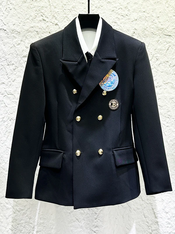 

Ele Bla Double-Row Button Men's Suit Jaet Casual Briti Sle Waist-Cinching Bae Decorated Faionable Urban Wear