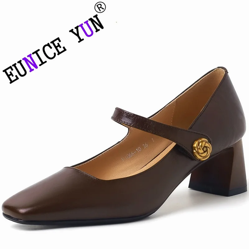 

【EUNICE YUN】2024 New Mary Jane Genuine Leather Shoes Women French Flat Shallow Mouth Square Toe Leather Buckle Shoes 34-42