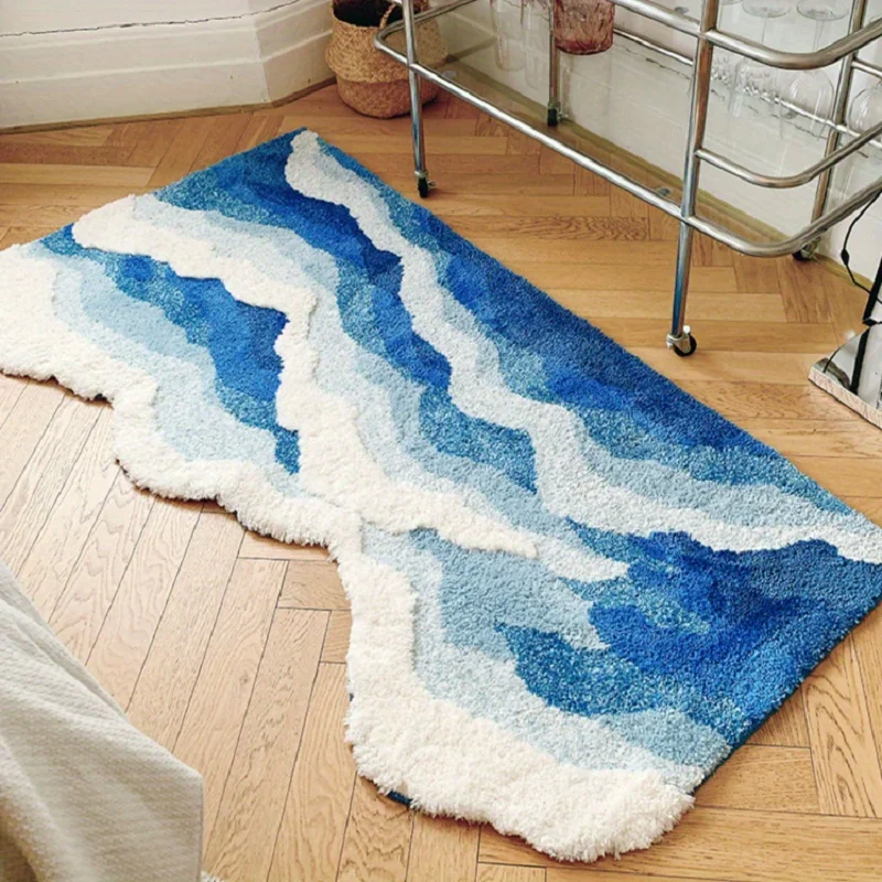 Blue Sea Wave Flocking Rug Bedroom Rug Corridor Area Floor Pad Mat Doormat Aesthetic Home Decor