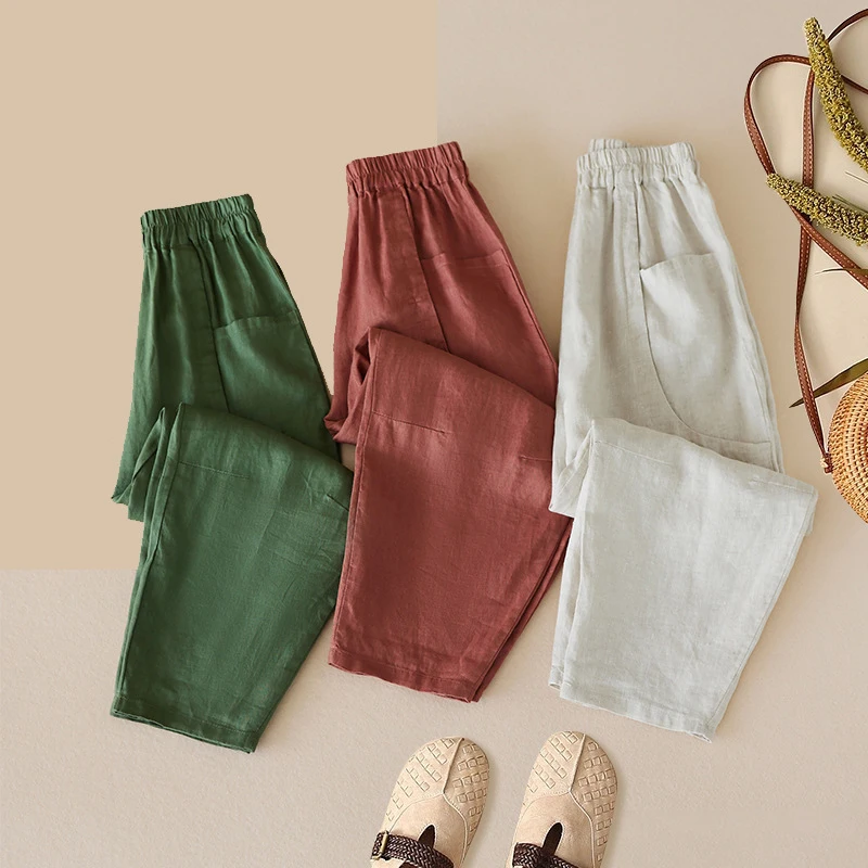 Thin Cotton Linen Harem Pants Women Elastic Waist Casual Hippy Loose Trousers Baggy Drop-crotch Pocket Wide Leg Pants