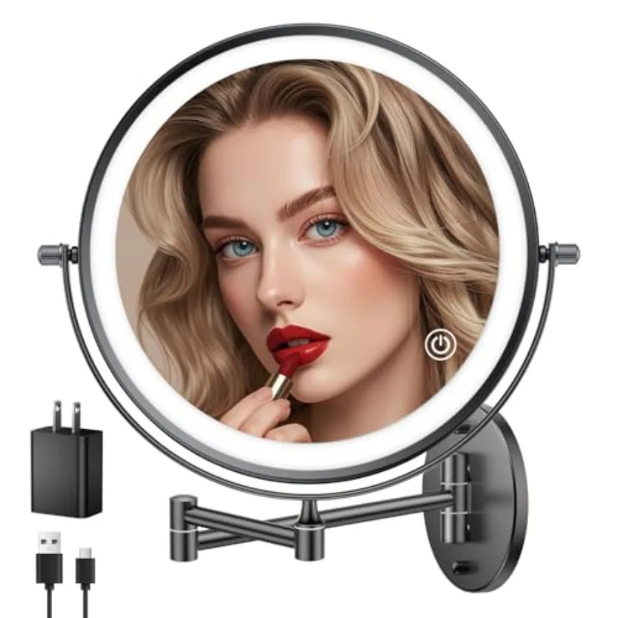 

5000mAh Rechargeable Wall Mounted Makeup Mirror with Lights, 8.7" Double Sided 1X/30X Magnifying Mirror with Dimmable 3 Color L