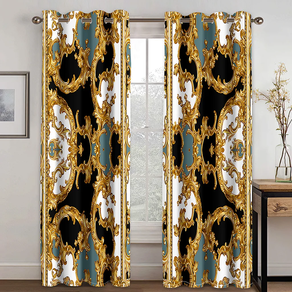 2 Pcs Vintage Greek Maze Curtains Gold Black Pattern Living Room Bedroom Window Decoration Luxury Style Curtains