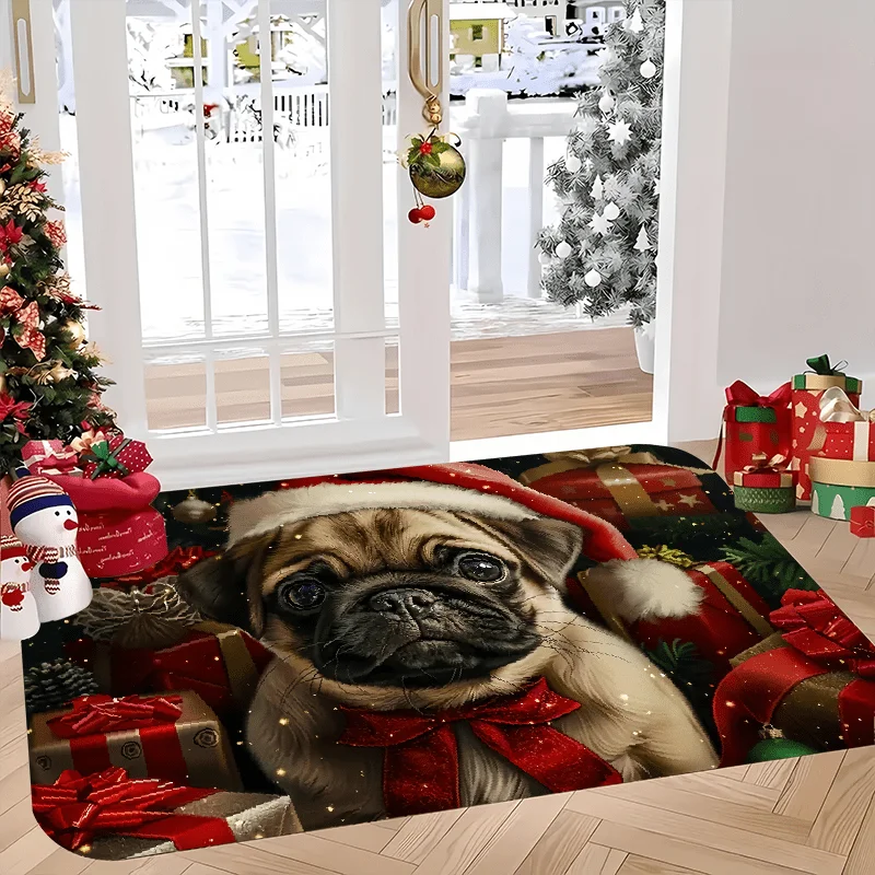 1pc 2D Flat Christmas Rug, Pug Dog with Santa Hat Gift Box Print, Machine Washable, Soft, for Entryway, Living Room, Bedroom