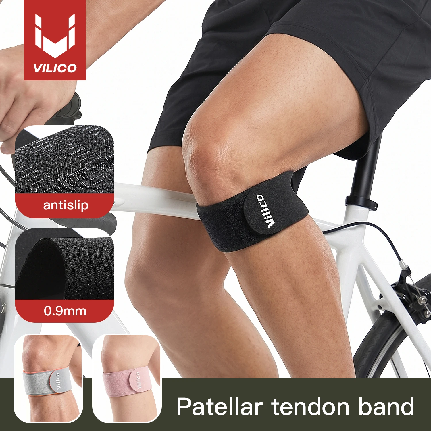 Vilico Adjustable Patellar Tendon Band,  Thin Anti-slip Patella Knee Strap for Running, Hiking, Basketball, Knee Pain Relie