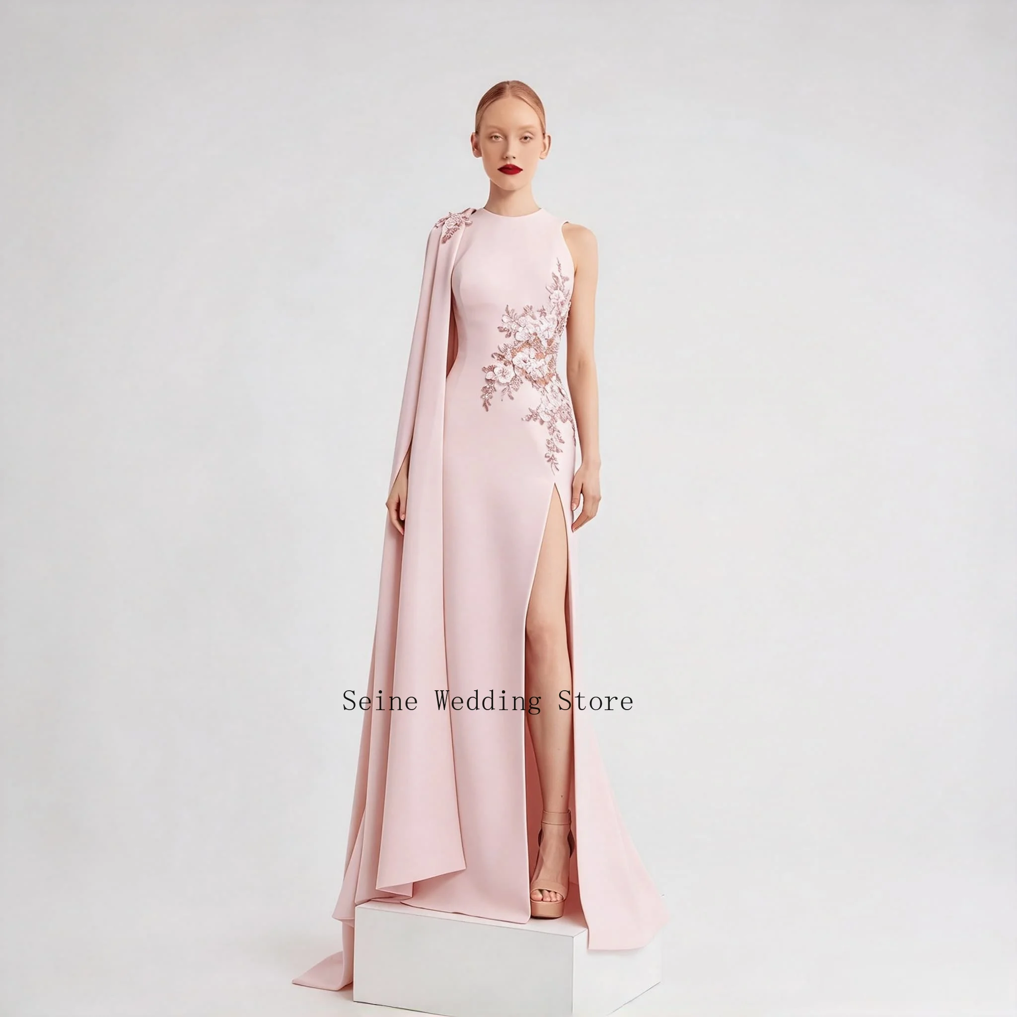 Mermaid Jersey Mother of The Bride Dress Beaded Lace Applique One Shoulder Long Sleeve High Slit Formal Wedding Party Dresses