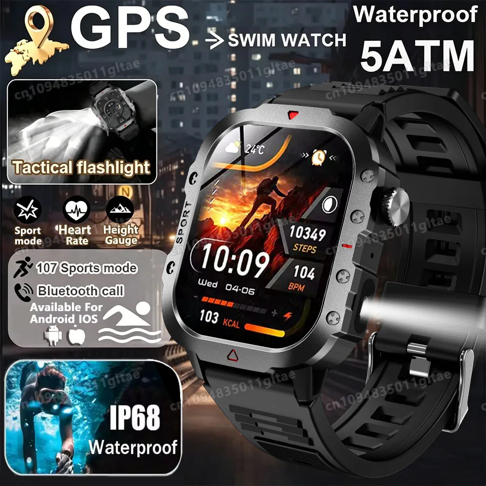 

2026 Outdoors Durable Men Sports Smart Watch 1400mAh Battery LED Flashlight Waterproof Bluetooth Call Military Smartwatchs HW12