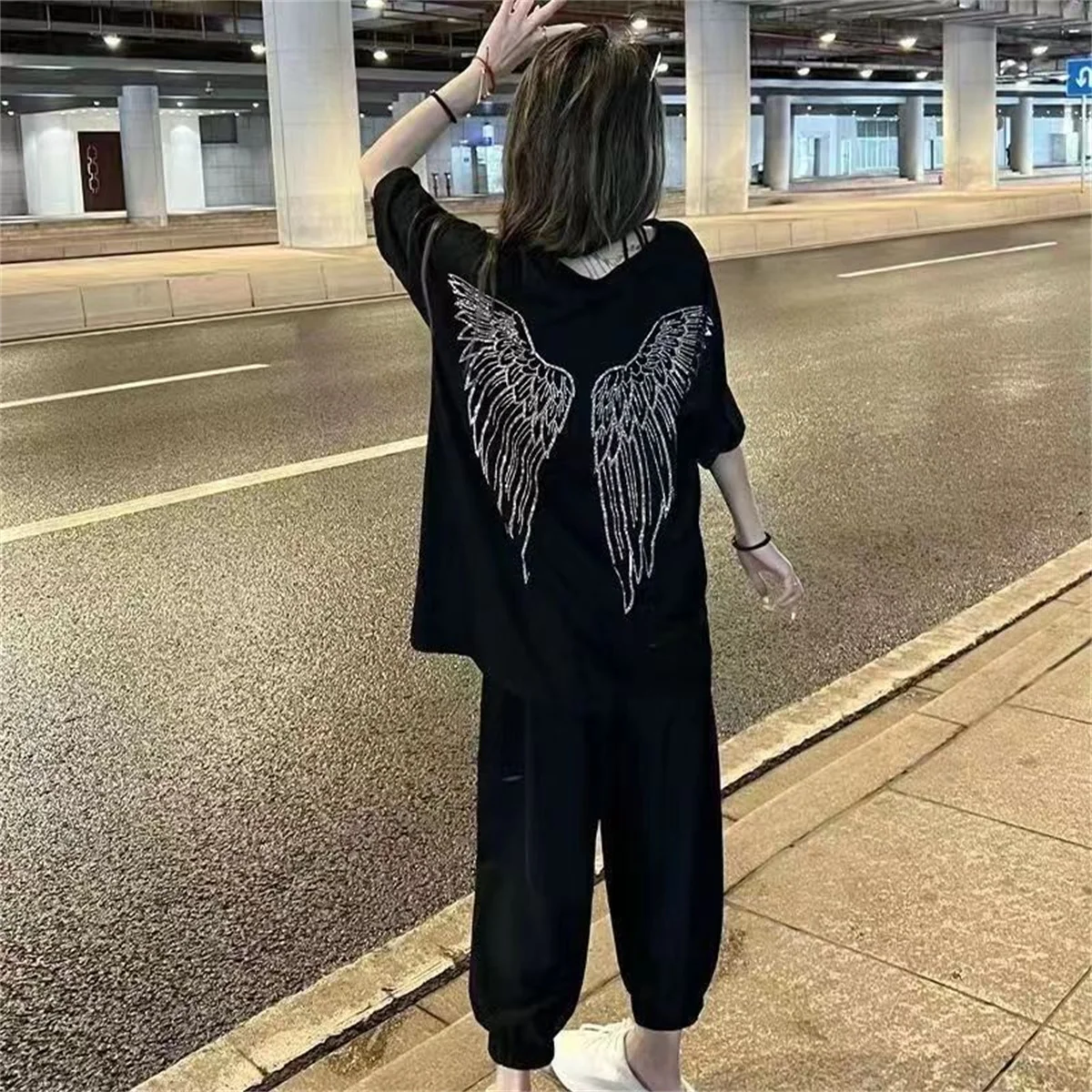 Y2k Hip Hop Kurzarm T Shirts Frauen Streetwear Weiß Ins Diamant T-shirts Damen Zurück Flügel Outdoor T-Shirt Jugend Tees Tops