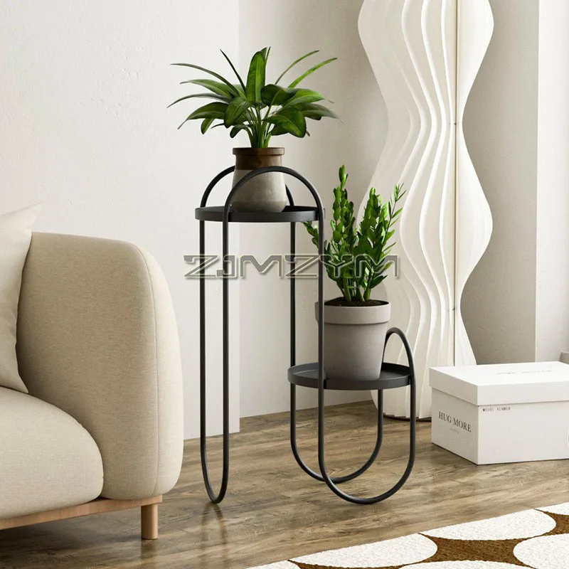 2 계층 북유럽 현대 철 바닥 식물 스탠드 화분 홀더 거실 발코니 블랙 금속 꽃 디스플레이 선반