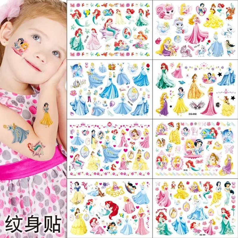 Disney Anime Princess Tattoo Sticker Cartoon Snow White Cinderella Belle Mermaid Water Transfer Stickers Kids Toys Holiday Gifts