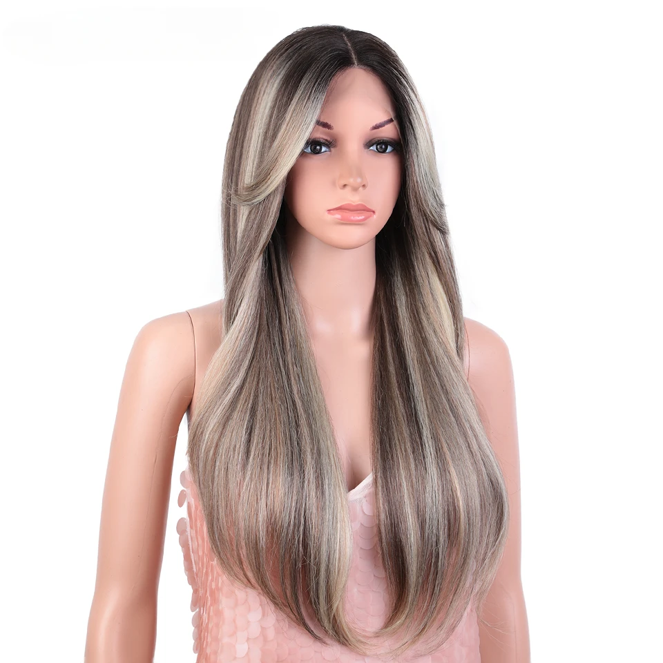 Perruque Lace Front Synthétique avec Frange pour Femme Noire, Cosplay Blond Ombre Droite, 26 po