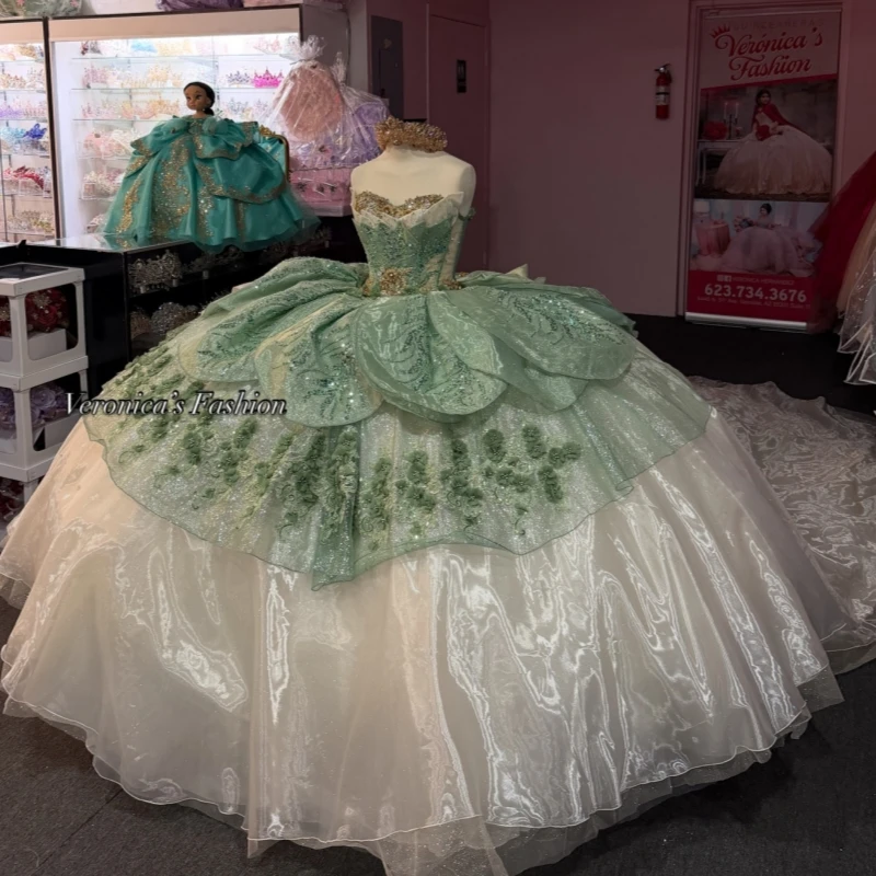 

Green Shiny Ball Gown Quinceanera Dresses Applique Lace Beading Crystal Bow Tull Corset Off The Shoulder Sweet 16 Dress vestidos