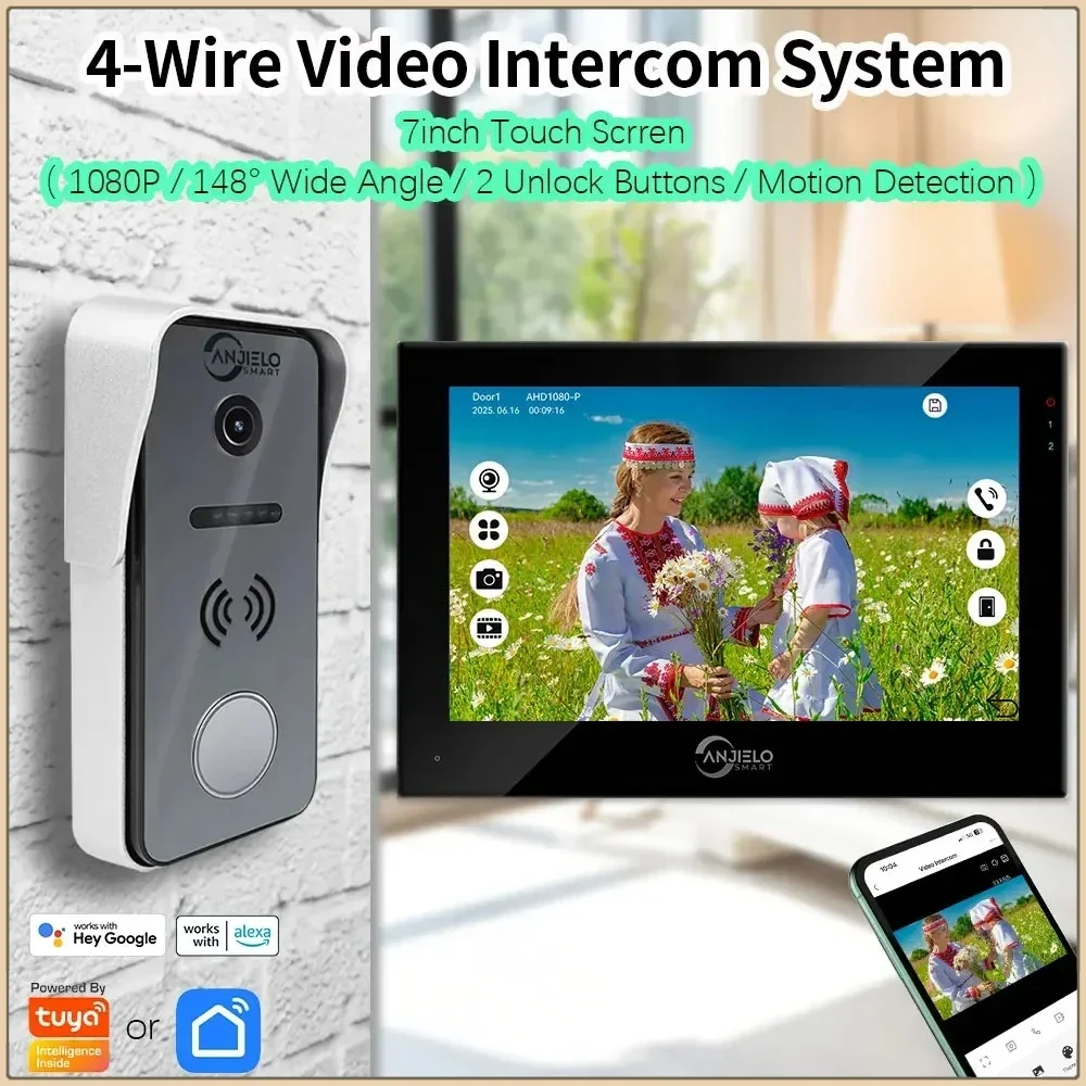 Anjielo 1080P Tuya Campainha Inteligente Sistema de Vídeo Porteiro para Casa Monitor de 7 polegadas Proteção de Segurança de Vídeofone